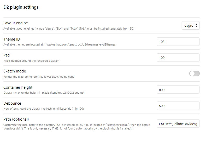 D2 plugin settings for Obsidian