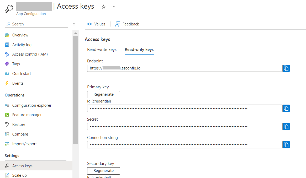 Access keys in the Azure portal