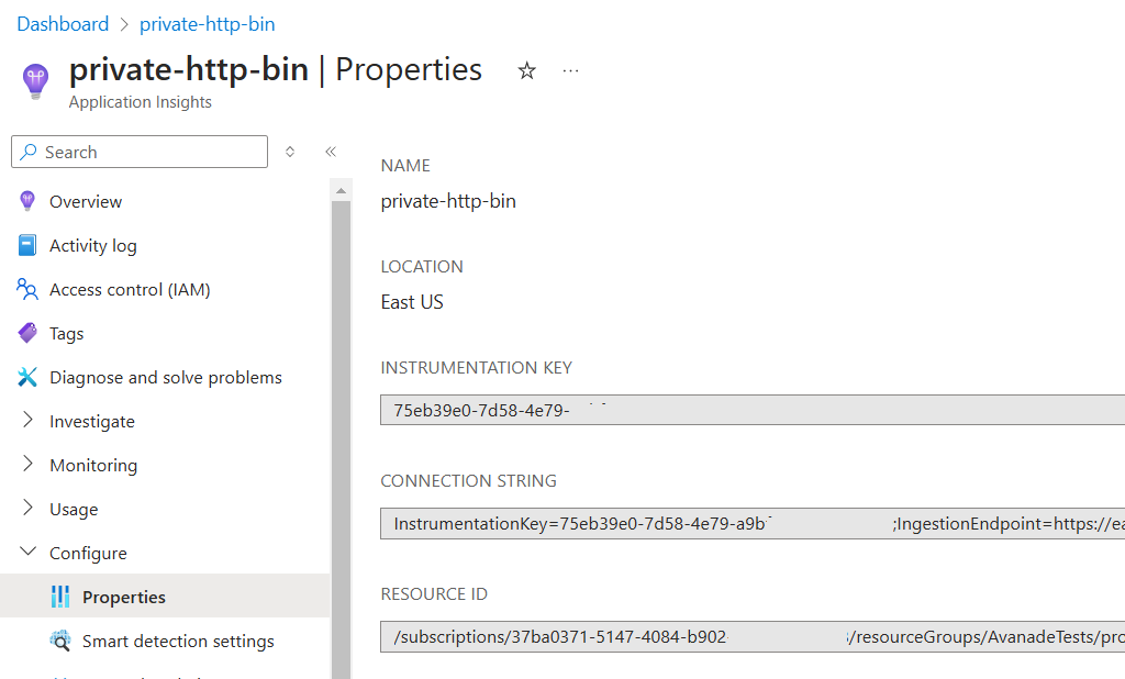 Azure Application Insights connection string panel