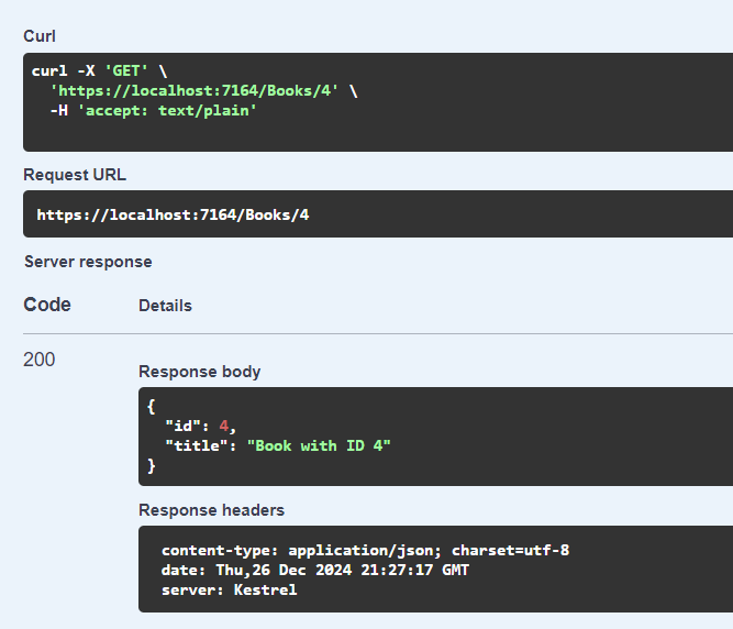 Http response of the API call, as seen on Swagger